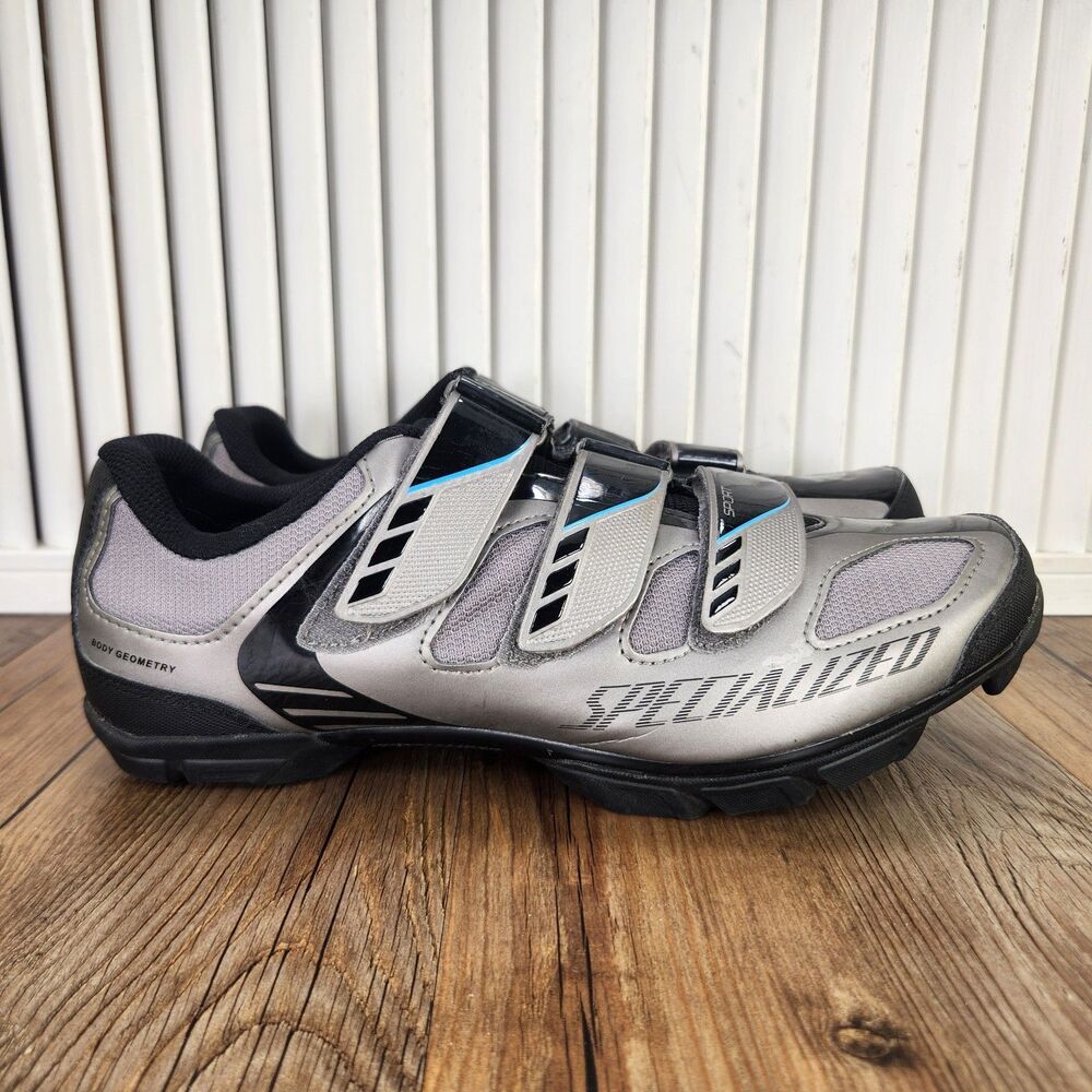Specialized Sport MTB Mountain Biking Shoes Mens Sz 9 Silver Triple Strap 2-Bolt